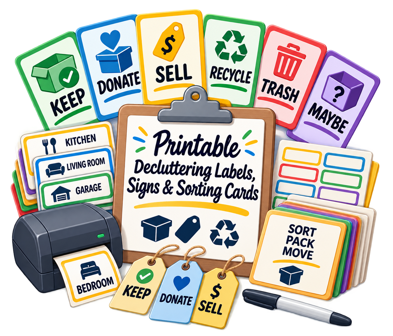 Printable Decluttering Labels, Signs & Sorting Cards