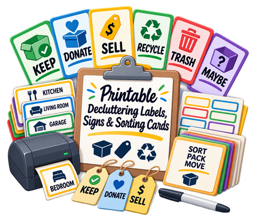 Printable Decluttering Labels, Signs & Sorting Cards